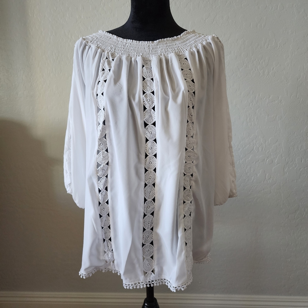 Women's off shoulder blouse. Crochet detail on front, back and sleeves.  Size XL